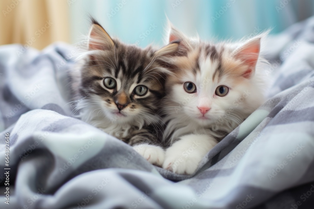 Cute kittens on fluffy plaid home bedroom. Care relax mammal cat rest. Generate Ai