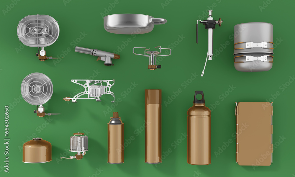 Obraz premium Tourist equipment for travel and tourism. Gas and gasoline burners, gas cylinders of various types, gas lamps and heaters, fuel tanks, wind protection, cutter, dishes. 3d illustration.