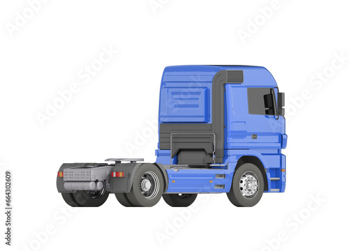 Blue truck without a trailer. 3d illustration. Orthographic view. The camera is located at the horizon level. The truck is at an angle of 45 degrees. Isolated on white background