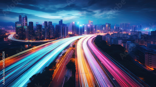 A long exposure shot of a cityscape from above   cars and lights in a rush