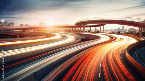 A long exposure shot of a busy freeway interchange,  cars streaming by in a rush photo