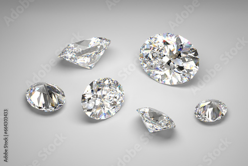 Scattering of diamonds of different sizes on a white background. Exhibition of precious stones. Oval cut. 3d rendering.