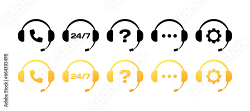 Support icons. Different styles, 24/7 support, call, question mark, support settings. Vector icons