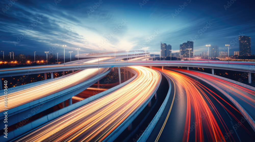 A long exposure shot of a busy freeway interchange, cars streaming by in a rush A long exposure shot of a busy freeway interchange, cars streaming by in a rush