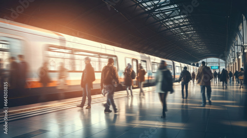 A busy train station platform during morning commute,  passengers in motion