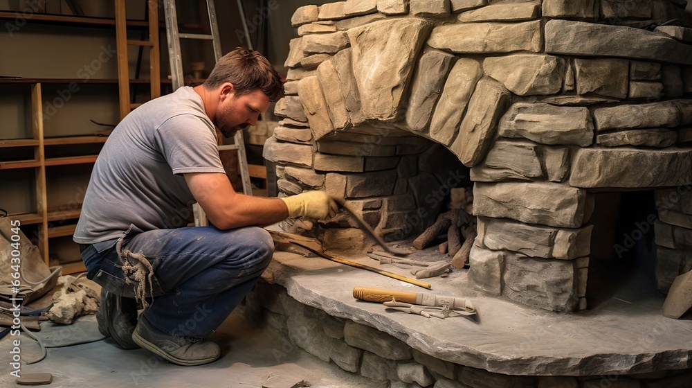 Fototapeta premium Expert masonry, fireplace creation, masterful craftsmanship, inviting warmth, enduring elegance. Generated by AI.