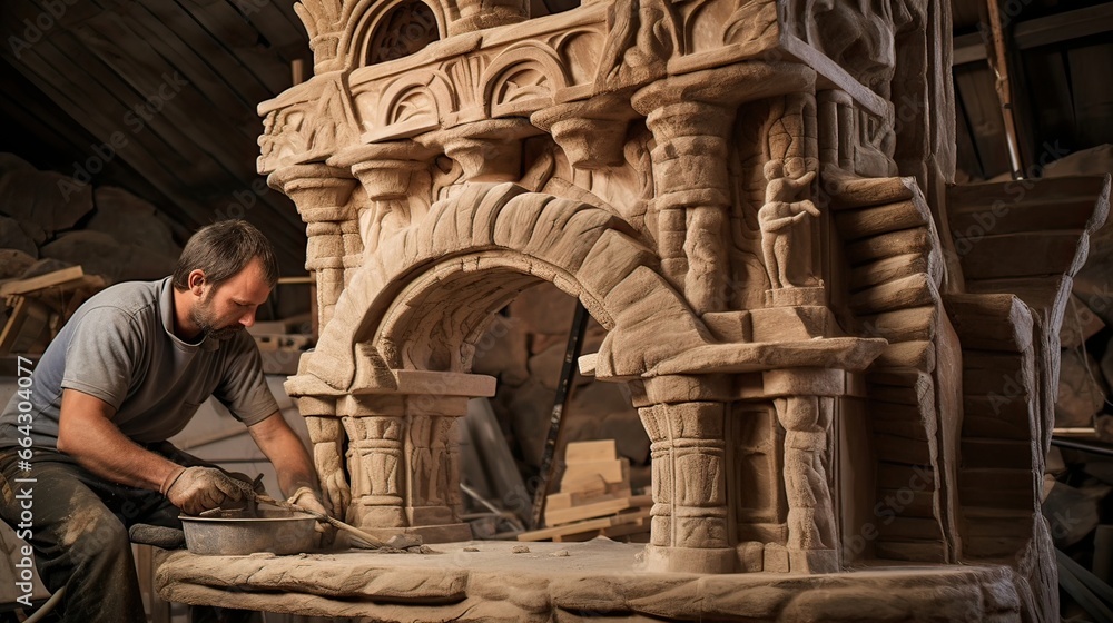 A stone mason skillfully crafting an impressive stone fireplace. Fireplace construction, stonework expertise, artisanal mastery, grandeur and coziness, enduring beauty. Generated by AI. A stone mason skillfully crafting an impressive stone fireplace. Fireplace construction, stonework expertise, artisanal mastery, grandeur and coziness, enduring beauty. Generated by AI.