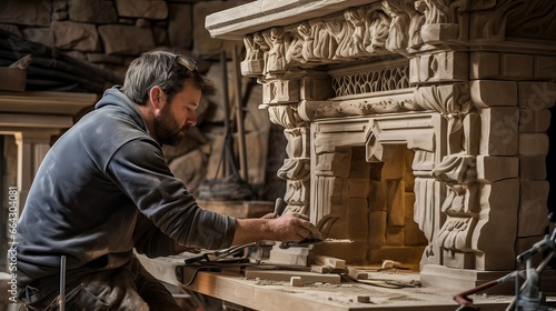 A professional stone mason creating an impressive stone fireplace. Fireplace design, stonework expertise, professional craftsmanship, inviting magnificence, timeless beauty. Generated by AI.