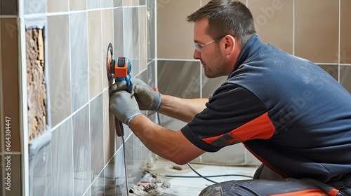 A dedicated tile installer at work. Shower tile craftsmanship, ceramic beauty, dedicated installation, bathroom sanctuary, skilled tiling. Generated by AI.