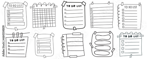 Collection of templates of To do lists. Outline vector hand drawn icons. Graphic design. Illustrations on white background.