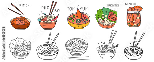 Pho bo, ramen, sukiyaki, tom yum, kimchi. Flat and outline design. Icons. Collection of hand drawn vector illustrations.