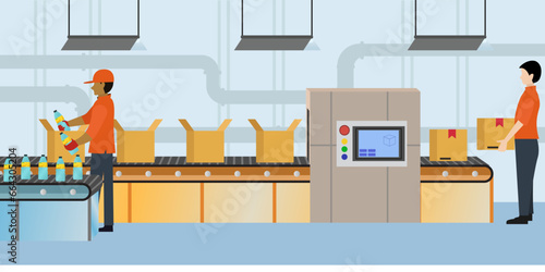 Worker Take juice Packages from Conveyor Belt to Put in package box for distribution vector illustration, food and beverage industry