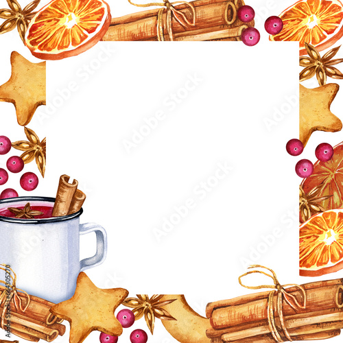 Watercolor square frame with a white mug of mulled red wine and orange, cookies, cinnamon, berries and spices, hand drawn sketch, food illustration of drink on white background