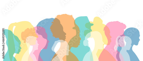 Silhouettes of people of different nationalities standing side by side.Silhouettes of a group of people.Vector illustration.