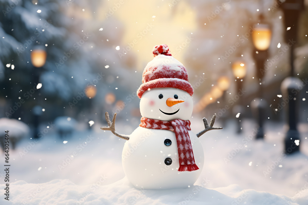 Smiling snowman wearing scarf and hat