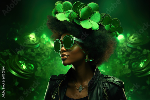  St Patricks day Girl, beauty African American young woman model in green shamrock hat on festive green background, Party on st Patrick day. photo