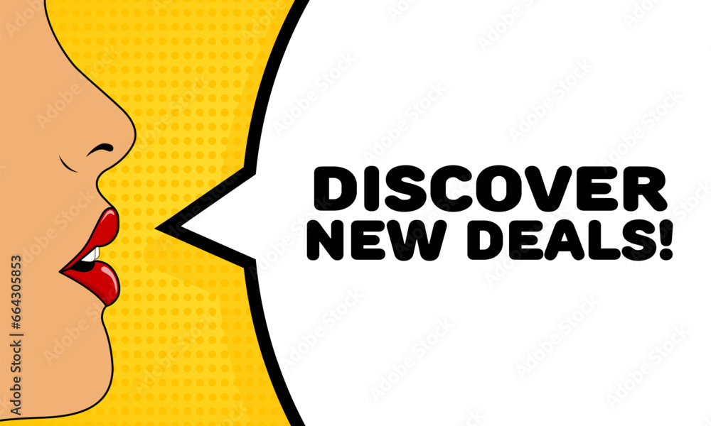 Discover new deals sign. Flat, color, talking lips, discover new deals. Vector icon
