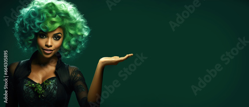 banner celebration St Patricks day Girl, beauty African American young woman in green dress and green hair wig pointing hand free space