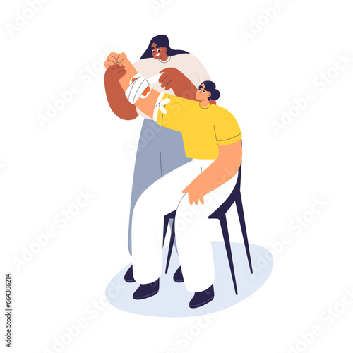 Stop bleeding, first aid. Emergency help, treatment for cut hand, blood wound, injury. Applying bandage, gauze, tourniquet on injured arm. Flat vector illustration isolated on white background