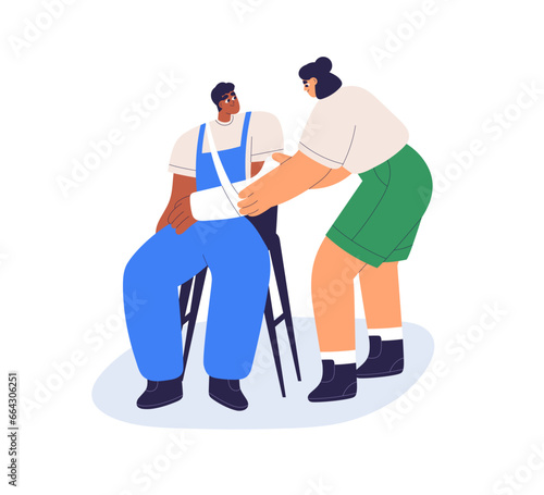 Help and care for person with broken injured hand. Man after accident, arm in...