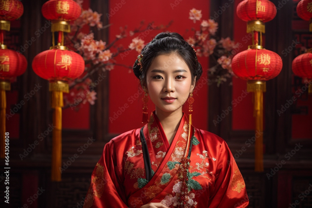 Portrait of a beautiful Chinese woman in traditional Chinese clothing, Chinese New Year concept.