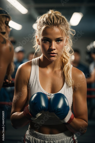 Portrait of a beautiful blonde female athlete boxer in the gym ring