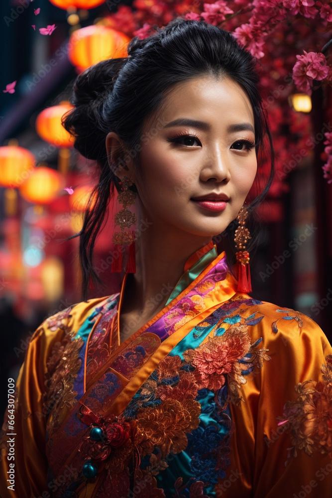 Portrait of a beautiful Chinese woman in traditional Chinese clothing, Chinese New Year concept.