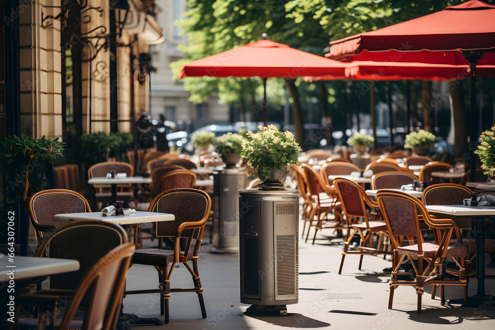 Obraz premium Cooling system in a street cafe in Paris. Global warming and climate change concept