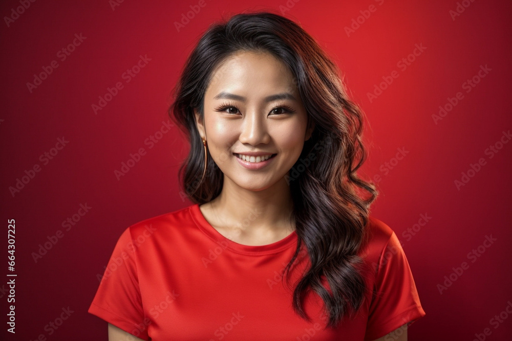 Portrait of a beautiful Chinese woman in a red t-shirt, Chinese New Year concept. Portrait of a beautiful Chinese woman in a red t-shirt, Chinese New Year concept.