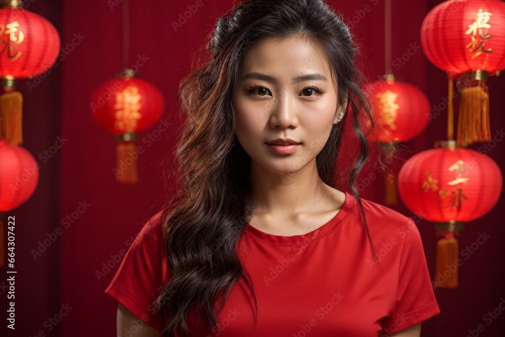 Portrait of a beautiful Chinese woman in a red t-shirt, Chinese New Year concept. Portrait of a beautiful Chinese woman in a red t-shirt, Chinese New Year concept.