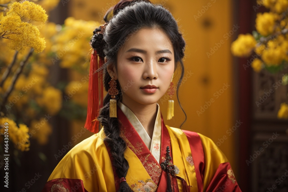 Fototapeta premium Portrait of a beautiful Chinese woman in yellow traditional Chinese clothing, Chinese New Year concept.