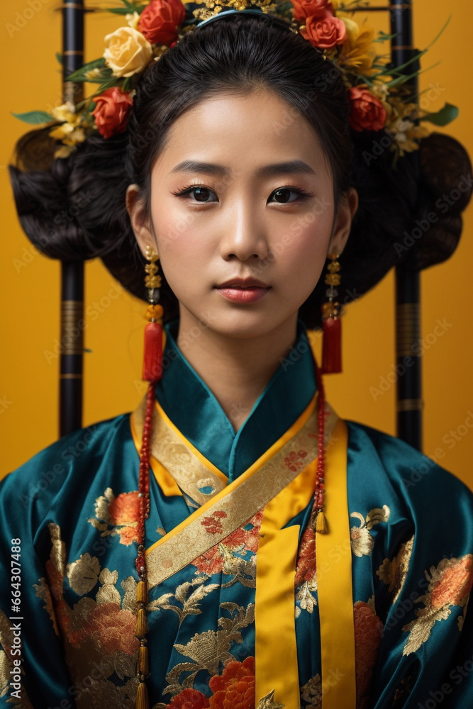 Portrait of a beautiful Chinese woman in yellow traditional Chinese clothing, Chinese New Year concept. Portrait of a beautiful Chinese woman in yellow traditional Chinese clothing, Chinese New Year concept.