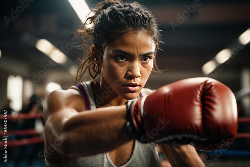 Close up portrait of a brunette female athlete wearing a gray T-shirt and boxing gloves during sparring, competition in the gym ring © liliyabatyrova