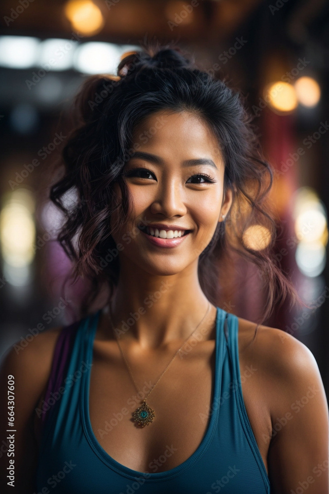 Portrait of a happy Asian woman smiling in yoga clothes.