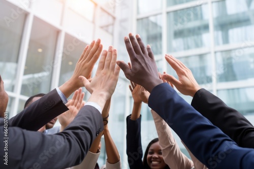 hands several modern businessmen and businesswomen meeting at the office table raised in the air giving high five to each other cheering and celebrating success or go-live photo