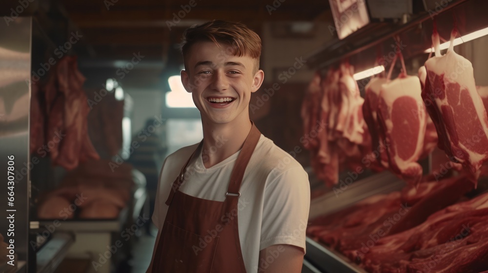 portrait of a man butcher in a meat shop