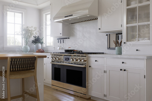 Large stove with hood on a white kitchen. 