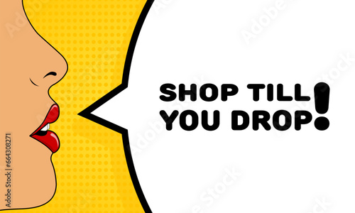 Shop till you drop sign. Flat, color, talking lips, shop till you drop sign. Vector icon