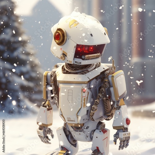 Little robot outdoors in winter