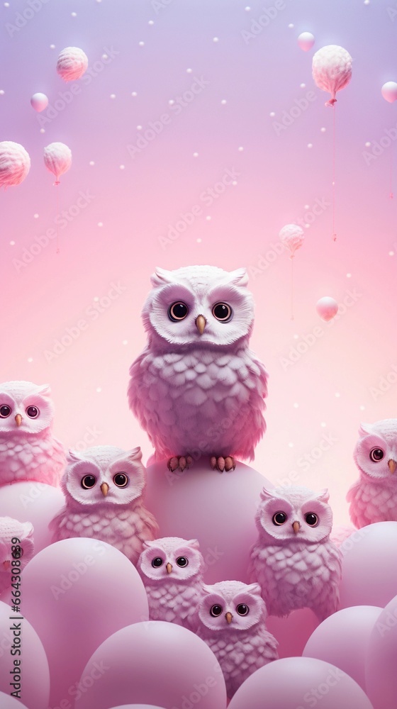 A pastel background surrounded by owls, background image, vertical format, generative AI