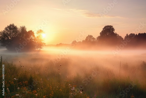 Misty sunrise meadow. Blurred foreground. Generative AI