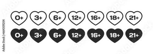 Heart icons with acceptable age. Silhouette, grey, 0+,3+,6+...21+ age for access, hearts with valid age. Vector icons