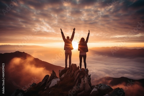 A silhouette of a two persons standing on a mountaintop, arms outstretched towards the rising sun, which pointing up as symbol of achievement photo