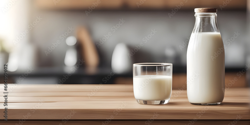 Wooden tabletop counter with Bottle and glass of tasty milk. in front of bright out of focus kitchen. copy space Wooden tabletop counter with Bottle and glass of tasty milk. in front of bright out of focus kitchen. copy space