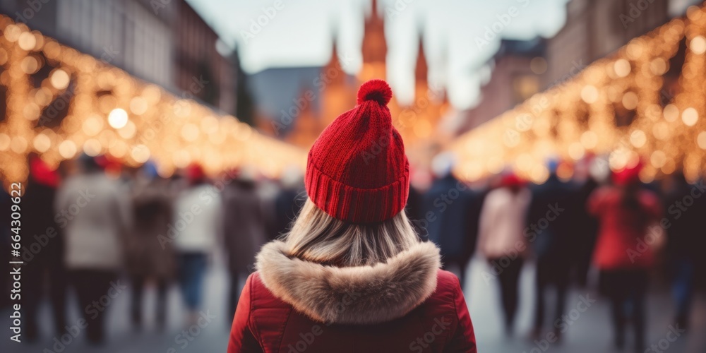 Rear view of a woman wears red Santa hat walking in Christmas market decorated with holiday lights in the evening. Feeling happy in big city, generative ai - obrazy, fototapety, plakaty 