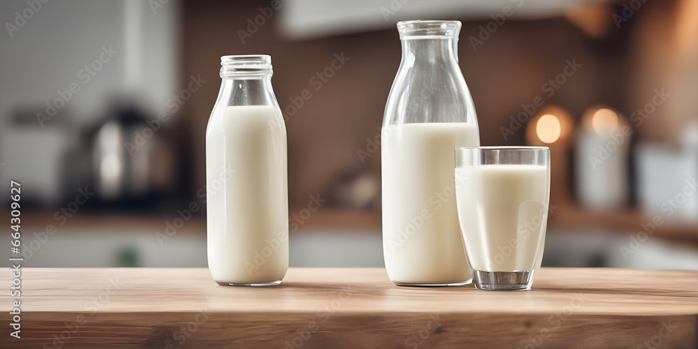 Wooden tabletop counter with Bottle and glass of tasty milk. in front of bright out of focus kitchen. copy space Wooden tabletop counter with Bottle and glass of tasty milk. in front of bright out of focus kitchen. copy space