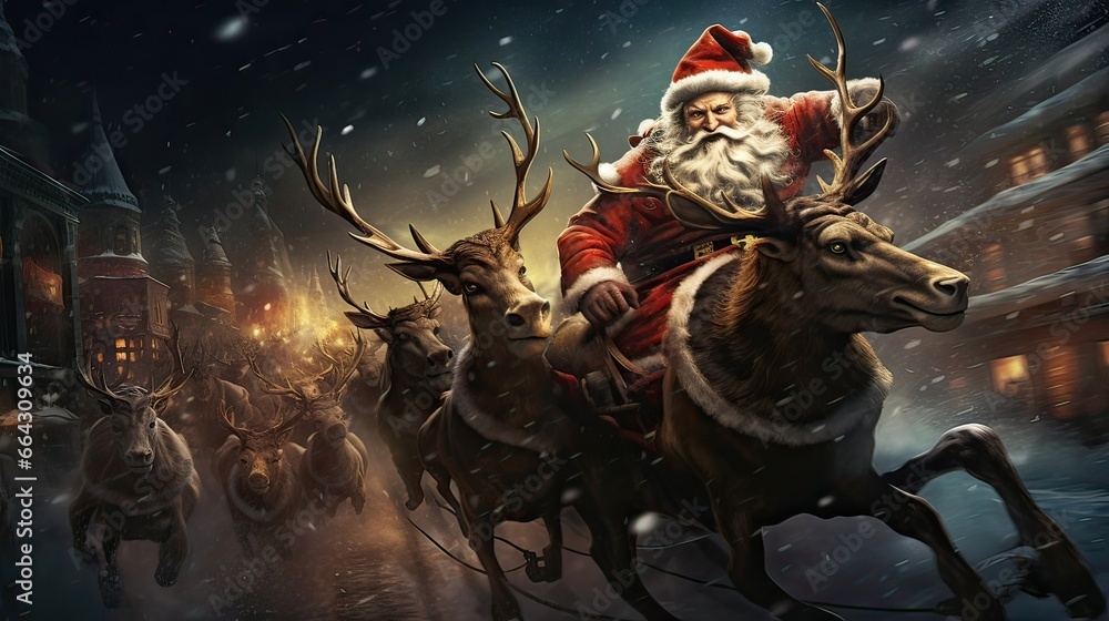 Reindeer pulling Santa's sleigh through the night. Iconic presence, holiday spirit, traditional ambiance, festive anticipation. Generated by AI. Reindeer pulling Santa's sleigh through the night. Iconic presence, holiday spirit, traditional ambiance, festive anticipation. Generated by AI.