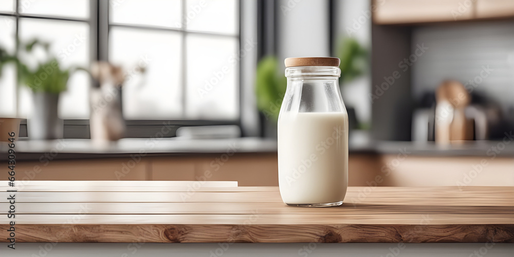 Wooden tabletop counter with Bottle and glass of tasty milk. in front of bright out of focus kitchen. copy space Wooden tabletop counter with Bottle and glass of tasty milk. in front of bright out of focus kitchen. copy space