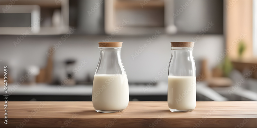 Wooden tabletop counter with Bottle and glass of tasty milk. in front of bright out of focus kitchen. copy space Wooden tabletop counter with Bottle and glass of tasty milk. in front of bright out of focus kitchen. copy space