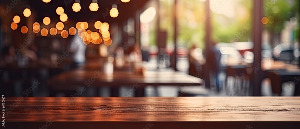 Cozy coffee shop ambience. Blurred interior. Retro restaurant vibes. Vintage empty wooden table background. Abstract business setup. Blurry wood and top lighting